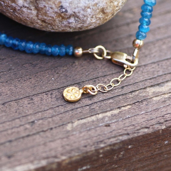 Handmade Neon Blue Mined Apatite Bracelet Infinity Design 14k Gold Filled - Picture 5 of 7